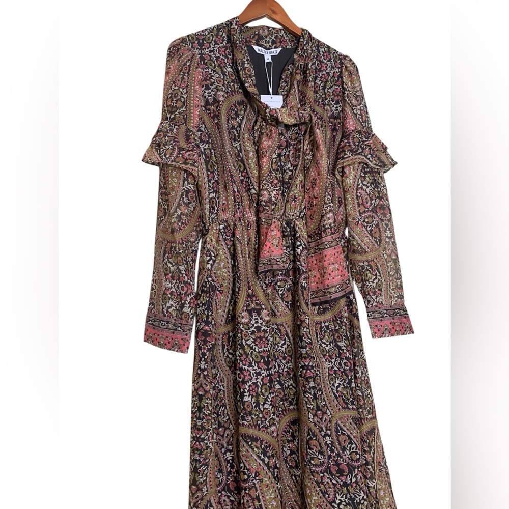 Walter Baker Maxi Dress Womens Size M Brown Paisley Tie Neck Ruffle Long Slv - Picture 2 of 5